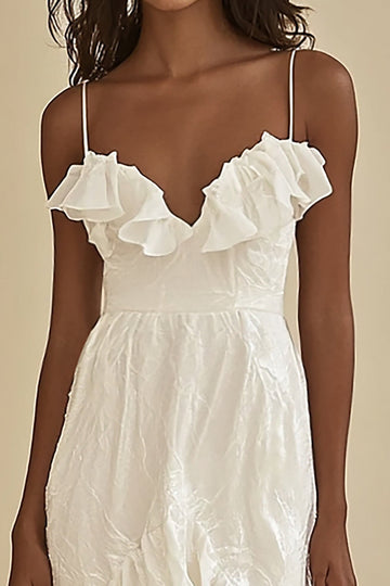 White Tulle Spaghetti Straps Long Engagement Dress